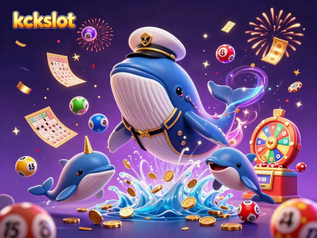 kckslot bermain slot dengan ikan paus raksasa, narwhal, dan lumba-lumba, dikelilingi bola lotere warna-warni