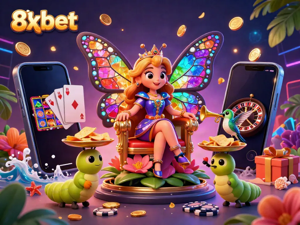 Experience vibrant gaming excitement with the dynamic butterfly queen scene at 8xbet featuring slot games and casino action.