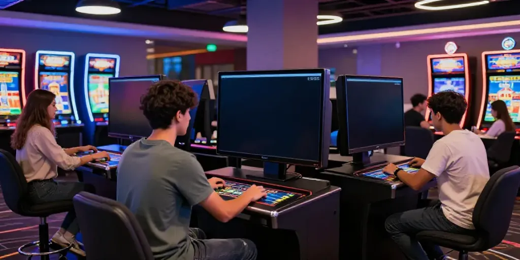 Engaging scene at erigo4d showcasing vibrant online gaming atmosphere with interactive stations and neon lights