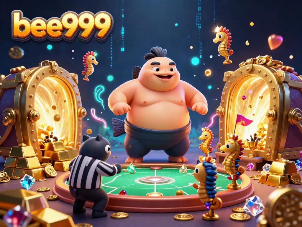 Join the fun at bee999's underwater casino with a fugu, catfish referee, and seahorse fans enjoying thrilling gameplay.