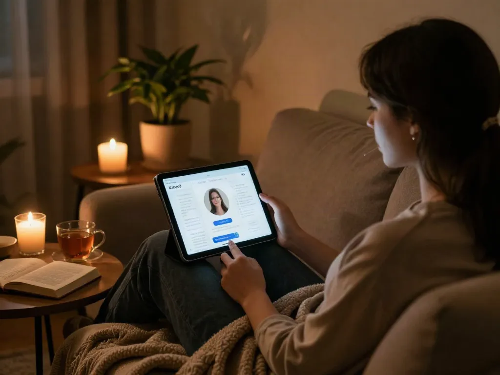 Warm virtual chat experience featuring free ai sex chat on a tablet in a cozy room.