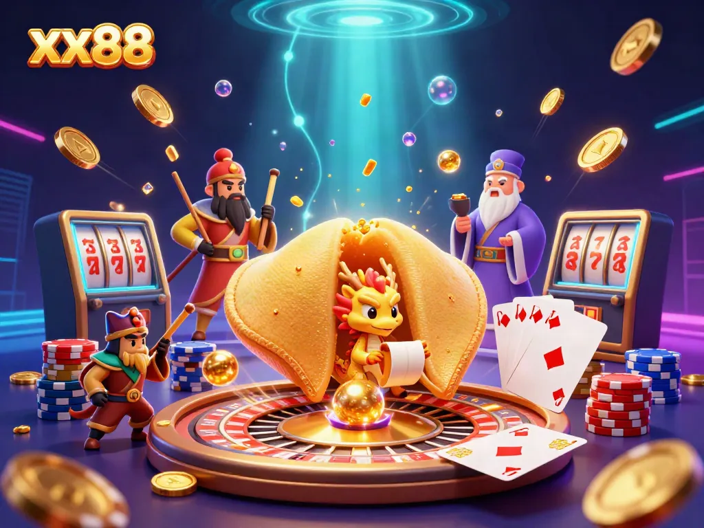 Spin the luck with xx88’s vibrant casino scene featuring golden fortune cookies and dynamic game elements.