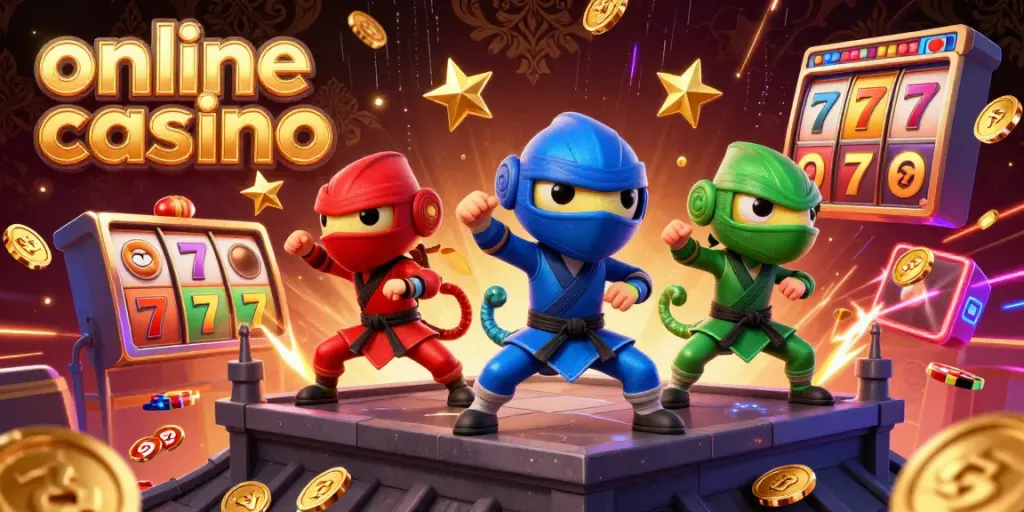 Experience thrilling action with a dynamic team of chameleon ninjas in an online casino setting.