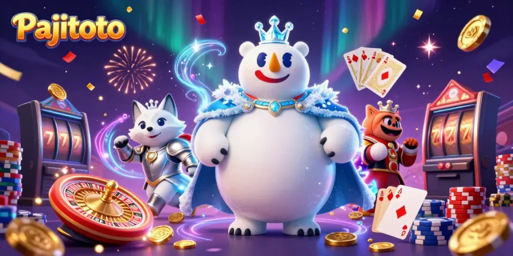 Pajitoto enthrones a whimsical casino scene, featuring an ice king polar bear and a snow fox amidst golden coins, cards, and vibrant energy.