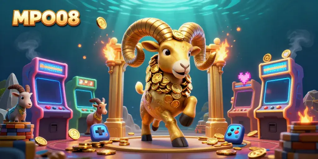 MPO08 showcases a golden ram charging through vibrant arcade elements, symbolizing an exciting gaming experience.