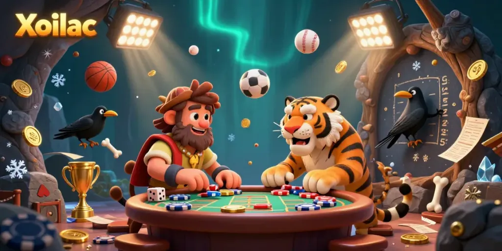Xoilac brings a lively gambling atmosphere with cartoon cavemen and a tiger at a dynamic casino.