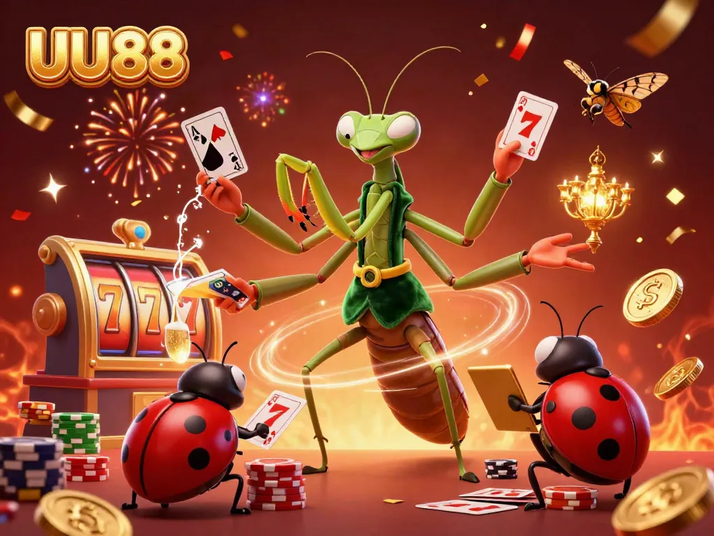 Experience the excitement of UU88 with a vibrant casino scene featuring a giant mantis and colorful elements.