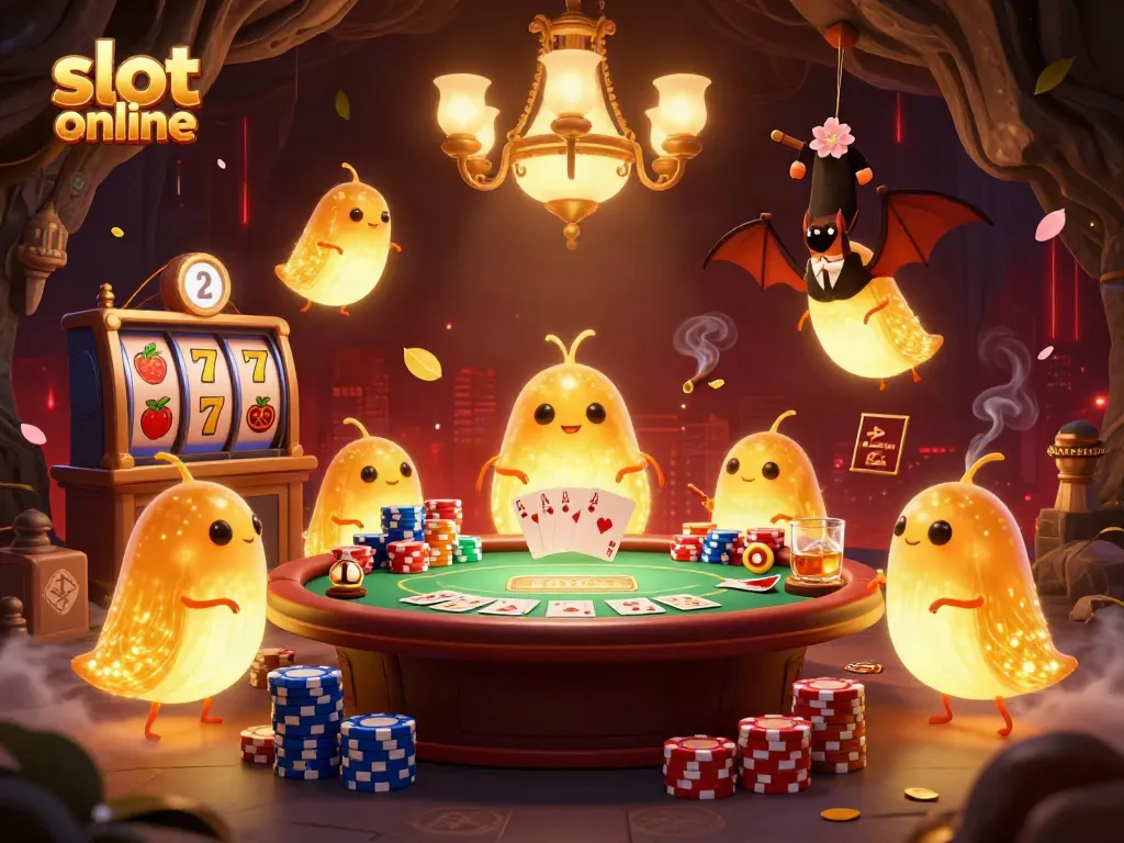 Experience vibrant gameplay in a lively slot online casino with glowing worms and a bat dealer.