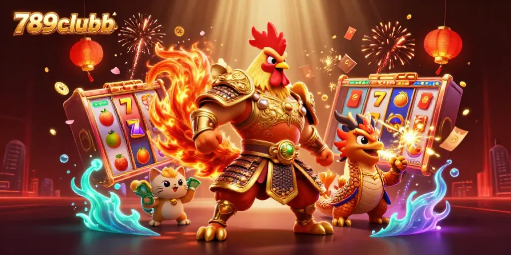 Experience thrilling gameplay at 789clubb with an epic 3D rooster warrior and dragon in a vibrant casino setting.