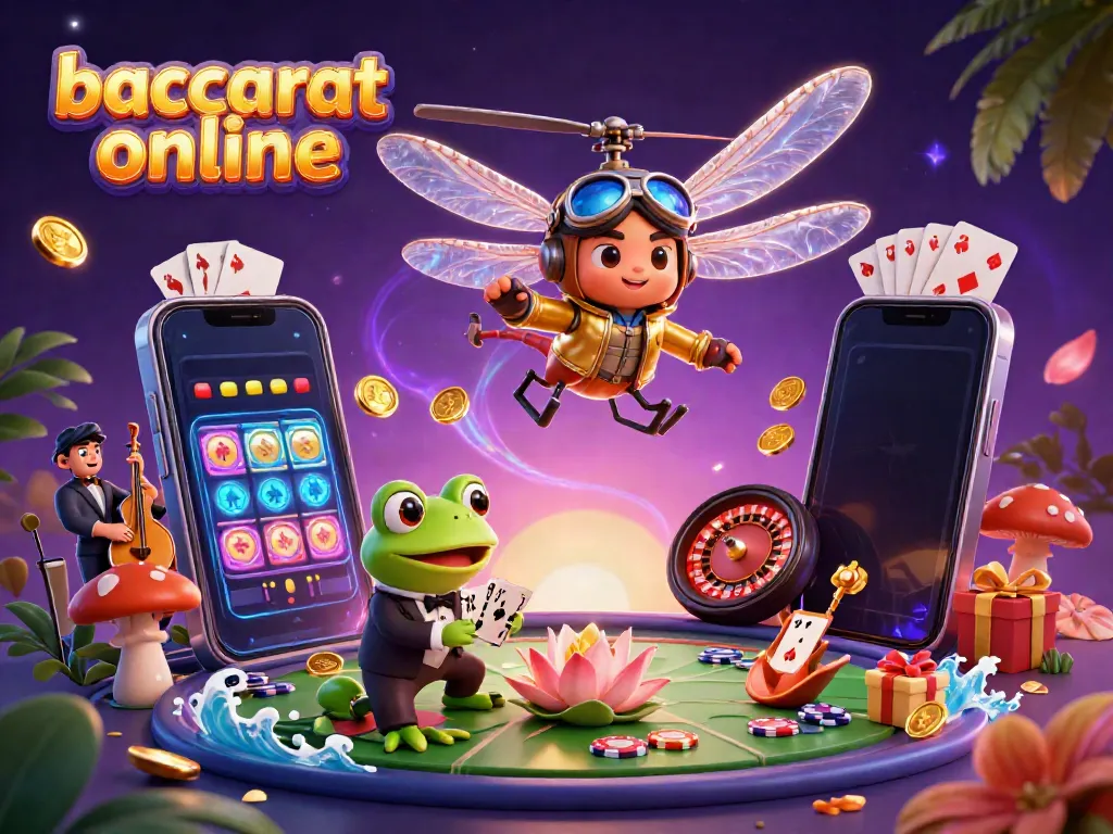 Experience baccarat online action with a dragonfly pilot, frog croupier, and jazz musicians in a vibrant casino scene.