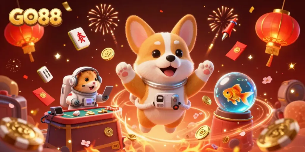 Experience the excitement of GO88 in a vibrant space casino scene filled with floating cash and games.