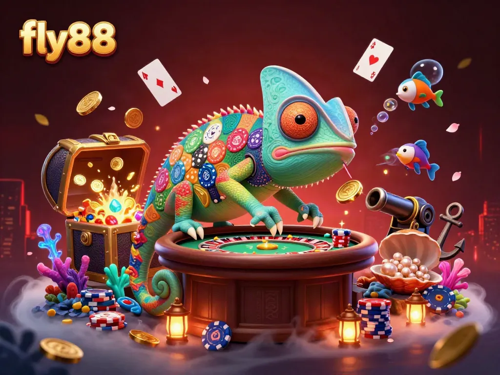Experience the excitement of fly88 with vibrant casino-themed 3D illustration showcasing a chameleon owner in a lively scene.