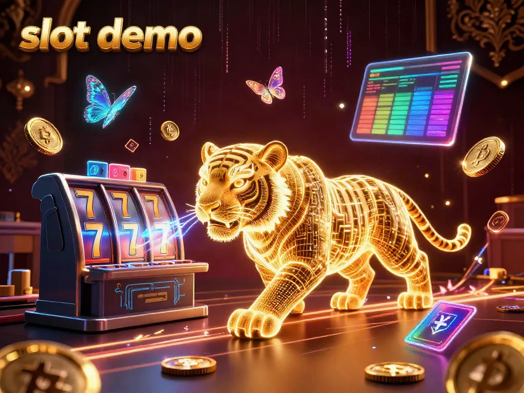 Experience the slot demo in a vibrant casino illuminated by a neon tiger and cryptocurrency symbols.