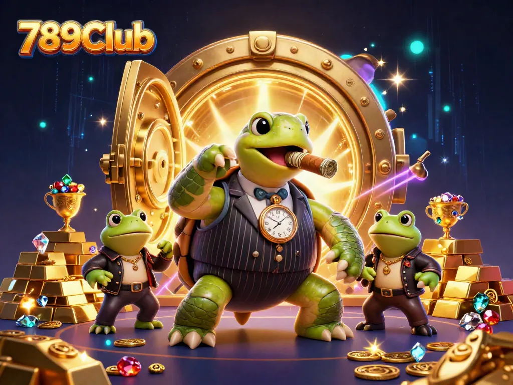 Join the excitement at 789Club with a vibrant online casino atmosphere, showcasing a turtle in mobster style and playful frog enforcers.