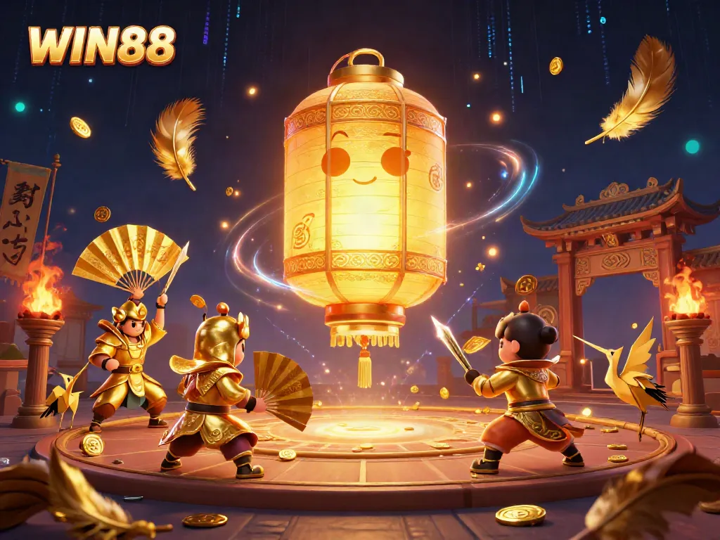 Win88's vibrant online casino scene with glowing lantern spirit, creating luck and excitement.