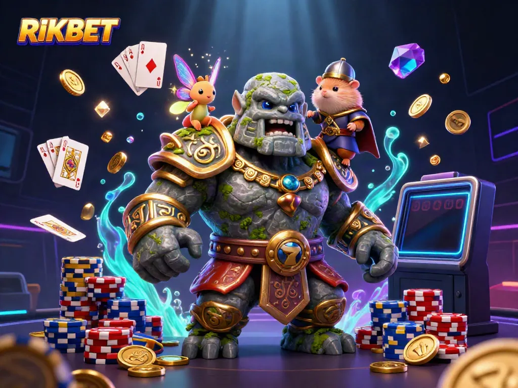 Experience the magic of RIKBET with a dynamic 3D illustration featuring a stone golem and fairy amidst golden coins and poker chips.