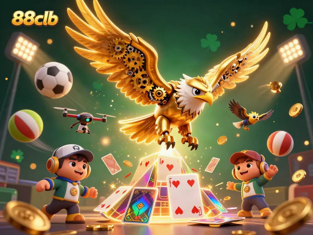 Engage with 88clb as the cybernetic golden eagle soars through holographic playing cards, showcasing thrilling gameplay.