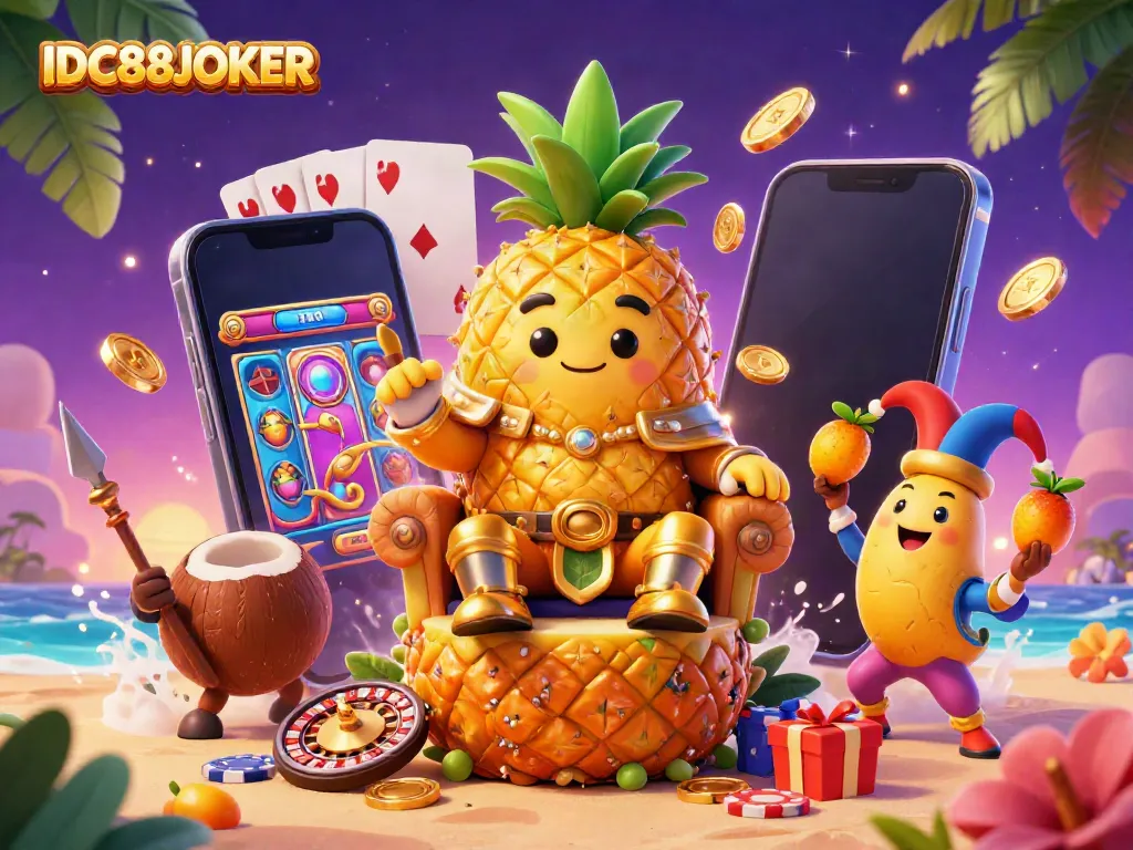 Experience exciting gaming action at IDC88JOKER with a fun-filled beach casino scene featuring a pineapple king.