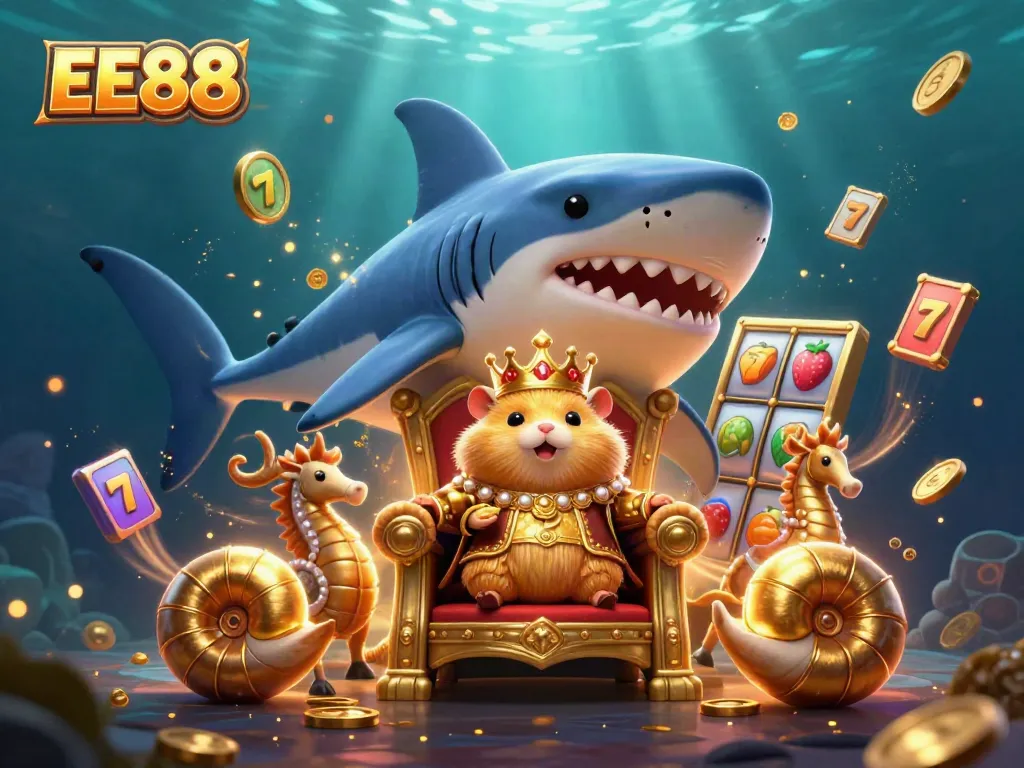 Experience the excitement of EE88 with a golden hamster king ruling a vibrant slot paradise.