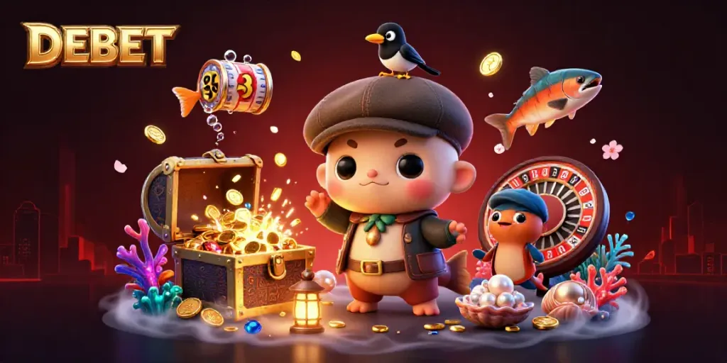 Engage with DEBET promotions featuring animated characters in a vibrant casino scene.