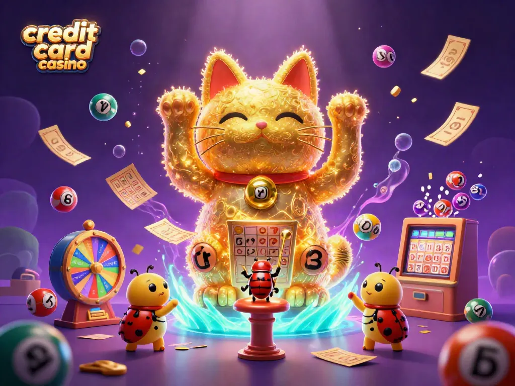 Experience the excitement of credit card casinos with a vibrant golden lucky cat amidst dynamic lottery elements.