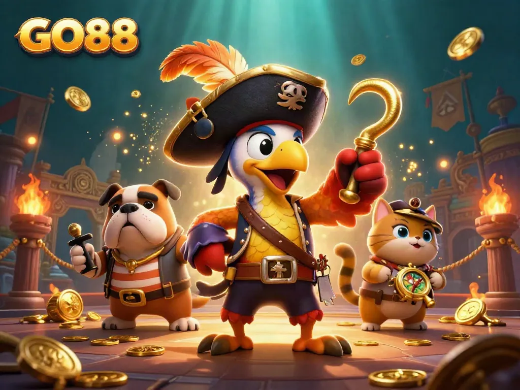 Experience GO88's thrilling pirate-themed gambling adventure with vibrant characters and casino elements.