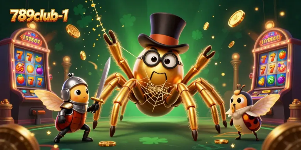 Certainly, 789club-1 features a thrilling 3D jackpot scene showcasing colorful slot machines and playful insects in a rich casino environment.