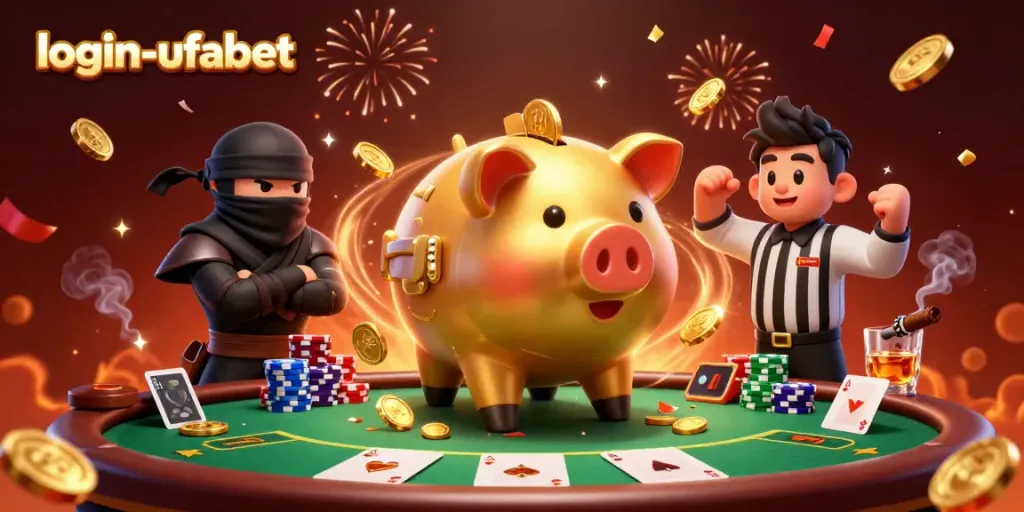 Play and win at login-ufabet with an exciting gambling scene featuring colorful chips and characters.