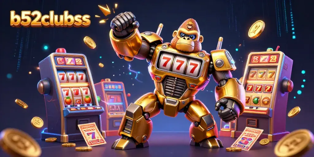 B52clubsss golden gorilla mech surrounded by dynamic slot machine elements and sparkling coins
