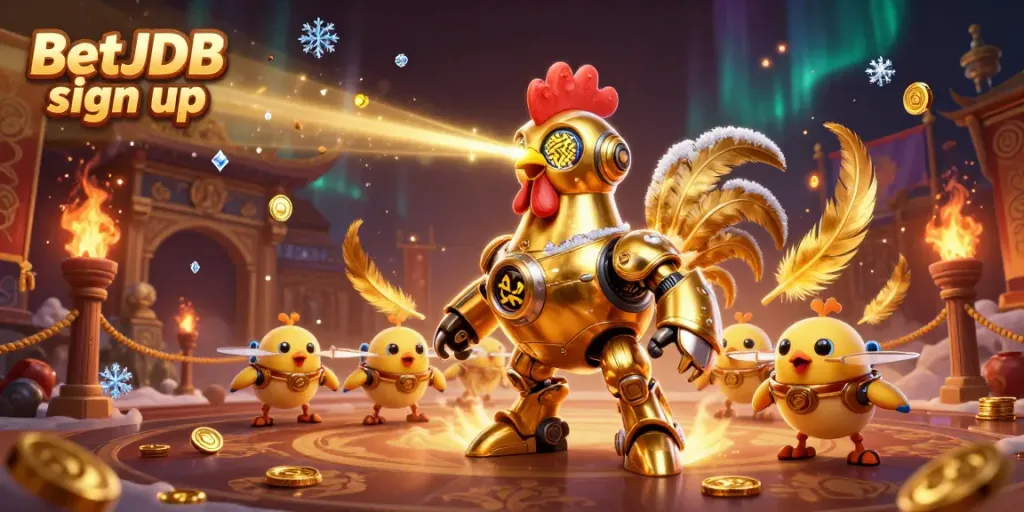 Join the excitement at BetJDB sign up with dynamic casino games featuring a golden rooster robot and baby chick drones.