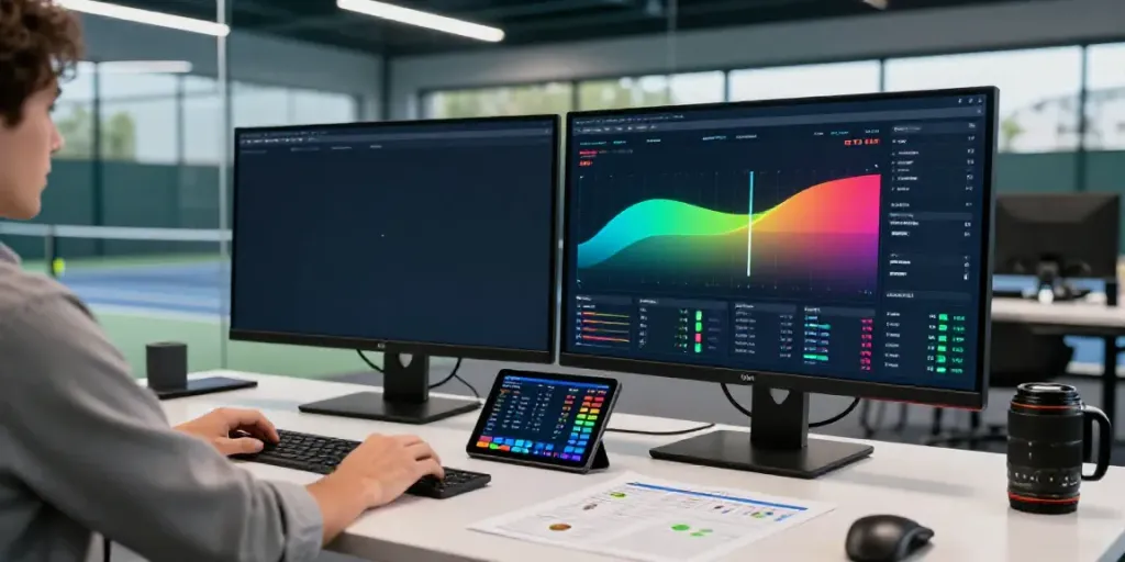 Data analyst using a tennis prediction algorithm with live match data and performance analytics in a modern workspace.