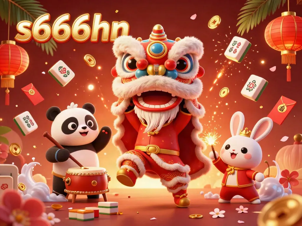S666hn celebrates Chinese New Year with a vibrant lion dance, drumming panda, and festive elements, enhancing casino excitement.