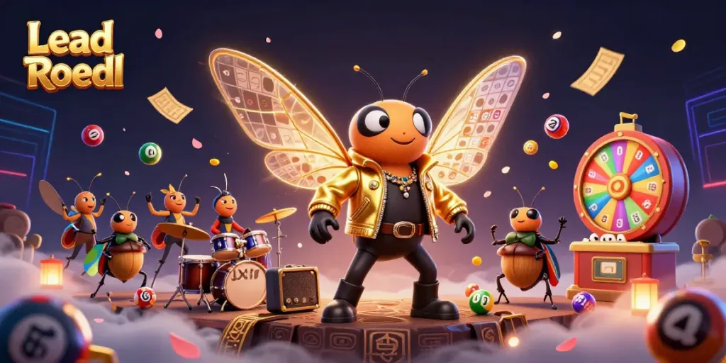 Engage with Lead Roedl's thrilling gambling experience featuring a vibrant cicada rock star and dynamic lottery elements.