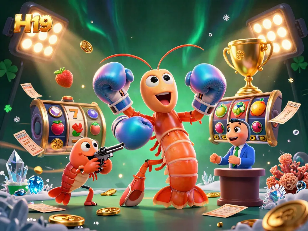 Experience the H19 casino thrills with vibrant slot reels and colorful symbols amidst dynamic characters and stunning lighting.