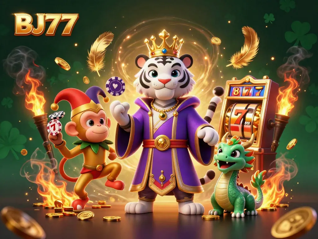 Experience thrill and excitement with BJ77's vibrant 3D casino illustration showcasing playful characters amidst golden slot elements.