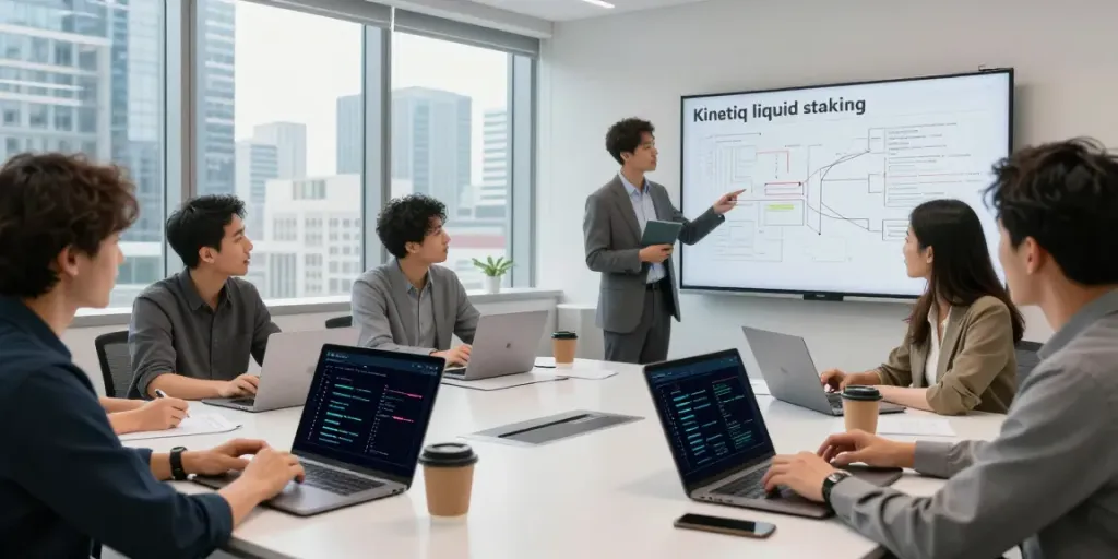 Kinetiq liquid staking team collaborating on blockchain technology in a modern office.